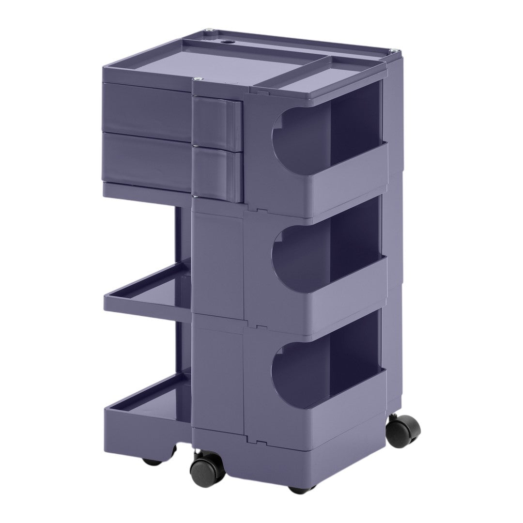 Purple storage cart with three compartments and a smooth finish, featuring simple design and rolling wheels.