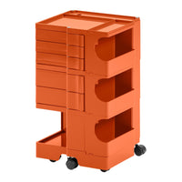 Orange multi-drawer storage cart with a smooth surface and open handles for easy access.