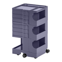 Purple storage cart with four drawers and a smooth, modern design, featuring sleek lines and a minimalist aesthetic.