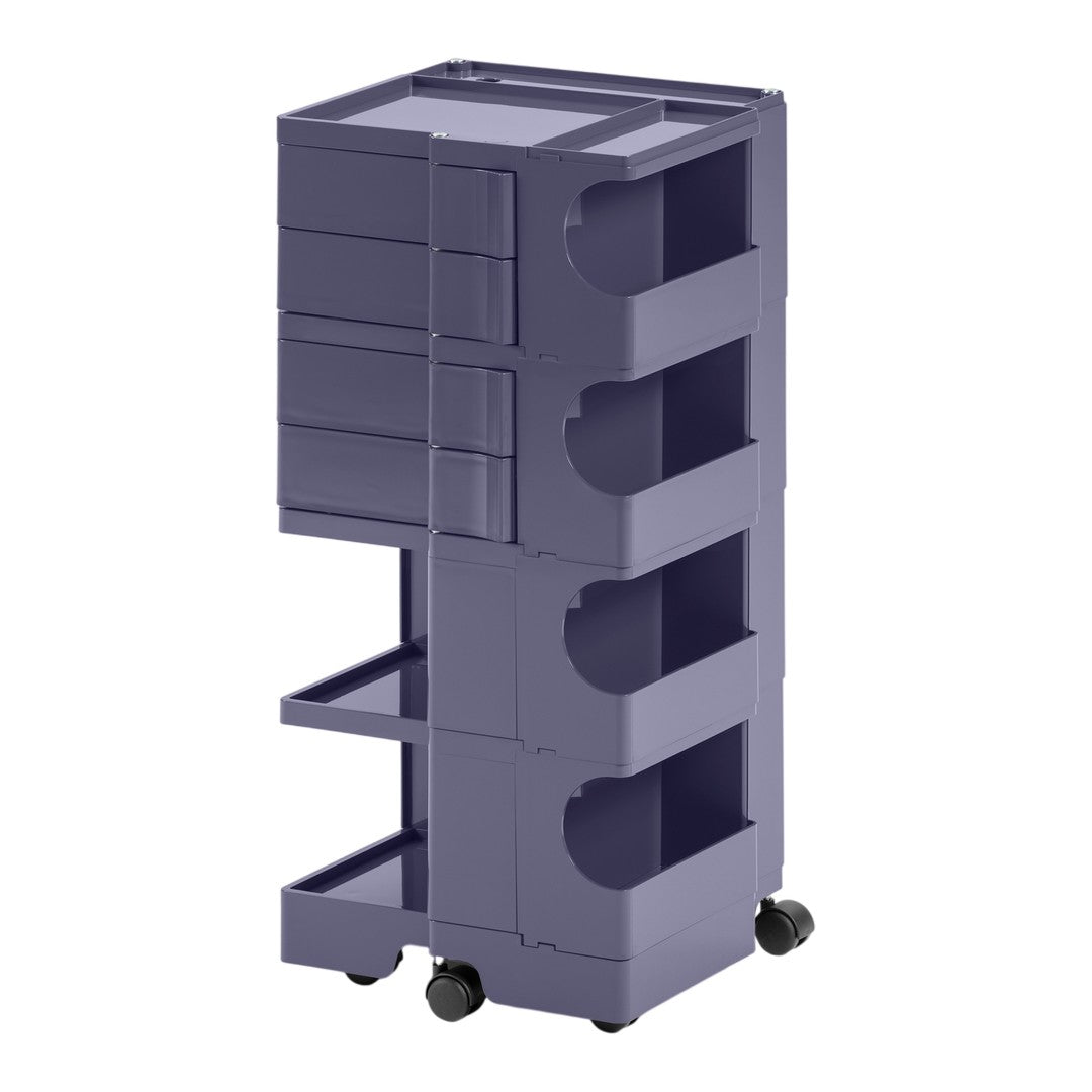 Purple rolling storage cart with five drawers in a sleek, modern design, featuring a matte finish and smooth edges.