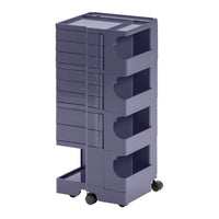Purple storage cart with four drawers and a sleek, modern design on rolling wheels. Ideal for organizing spaces.
