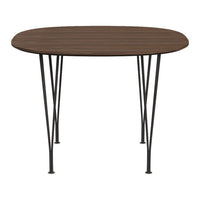 Brown oval tabletop with a wood grain pattern, supported by sleek black metal legs. Ideal for modern decor.