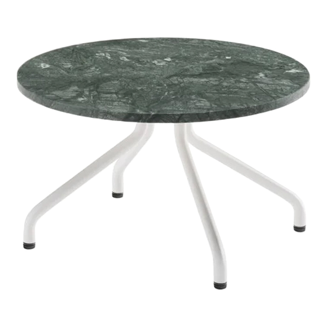 Round green marble tabletop with a subtle pattern, supported by white metal legs. Ideal for modern decor.