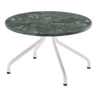 Round green marble tabletop with a subtle pattern, supported by white metal legs. Ideal for modern decor.