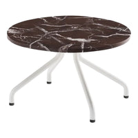 Round coffee table featuring a dark marble top with white veining and sleek white metal legs. Modern design, stylish colors.