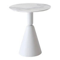 White marble top and sleek white base, featuring a modern cone shape for a stylish accent table.