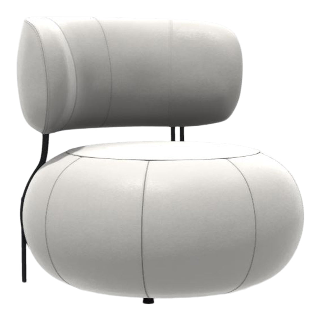 Modern white upholstered chair with a rounded design and subtle seam details, perfect for minimalist decor.