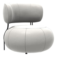 Modern white upholstered chair with a rounded design and subtle seam details, perfect for minimalist decor.