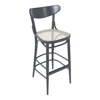 Black wooden bar stool with a woven, natural-colored seat in a contemporary design. Perfect for modern interiors.