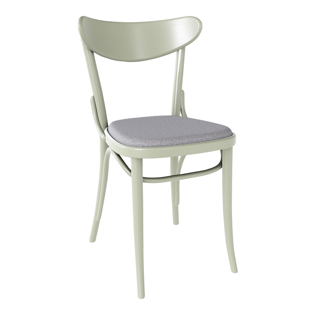 Light green wooden chair with a gray patterned cushioned seat. Modern design complements various interiors.