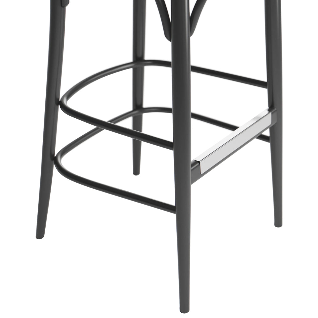 Black metal bar stool with sleek lines and a modern design, featuring chrome accents and minimalistic patterns.