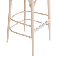 Light wood barstool with a smooth, natural finish and sleek silver footrest, featuring minimalist design and subtle grain patterns.