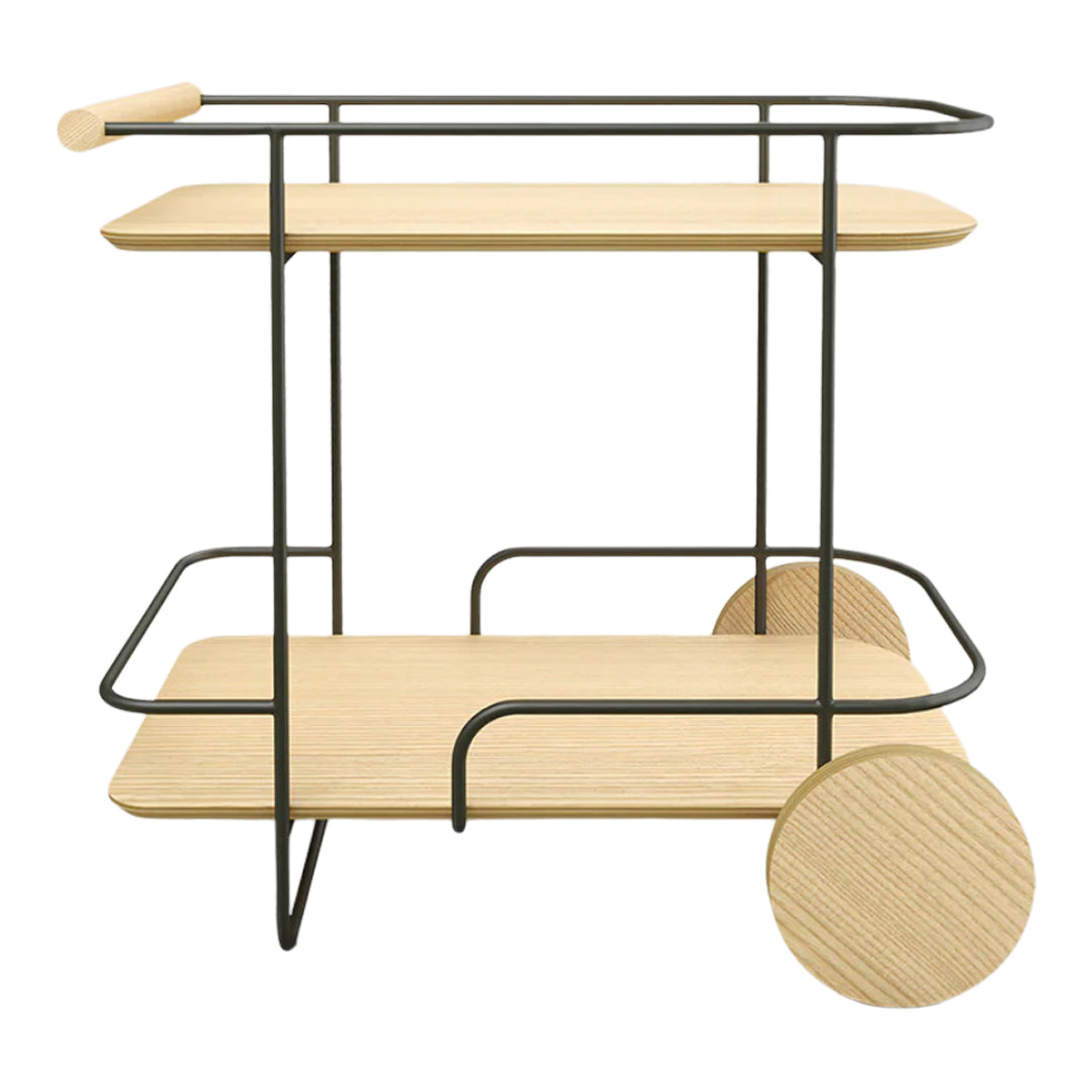 Modern two-tier cart with natural wood shelves and black metal frame, featuring round wheels for easy mobility.