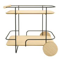 Modern two-tier cart with natural wood shelves and black metal frame, featuring round wheels for easy mobility.