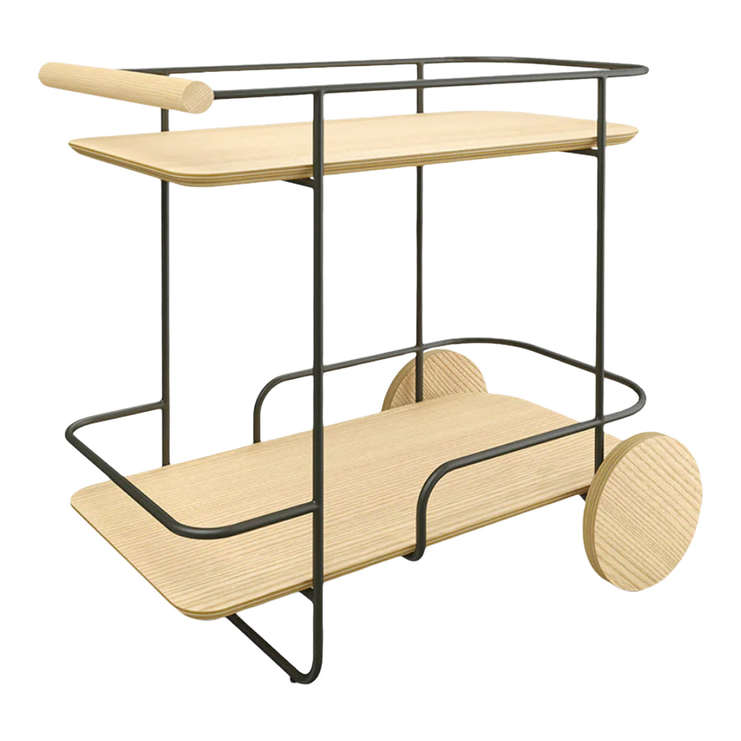 Natural wood shelves with a sleek black metal frame and circular wheels, combining minimalism and modern design.