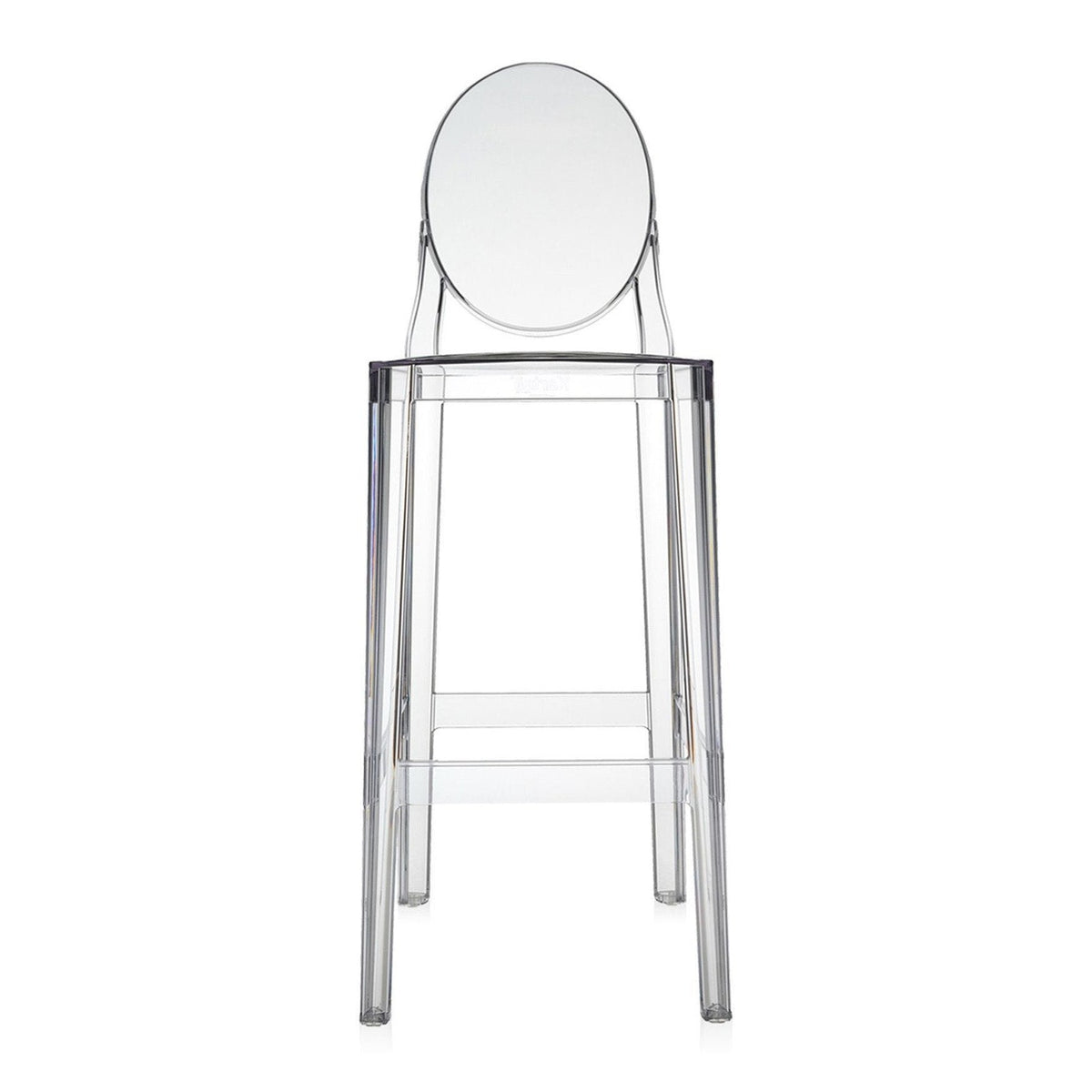 Clear acrylic bar stool with a sleek, minimalist design and an oval backrest, showcasing a transparent finish.