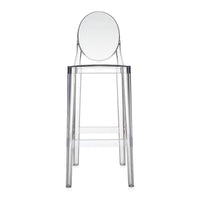 Clear acrylic bar stool with a sleek, minimalist design and an oval backrest, showcasing a transparent finish.