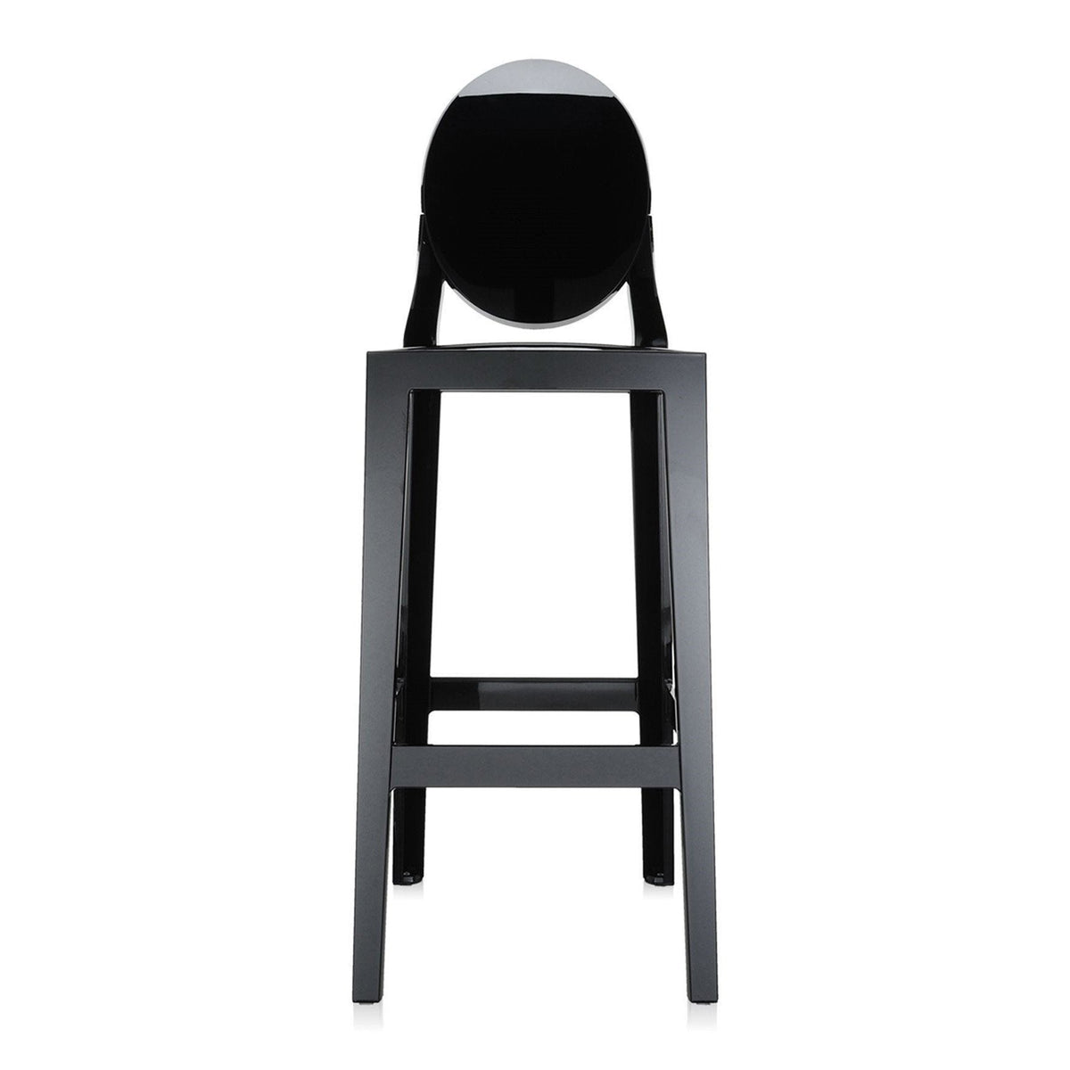 Black bar stool with a sleek, minimalist design and a smooth, glossy finish. Ideal for modern decor.