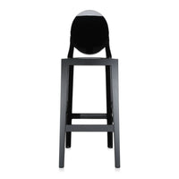 Black bar stool with a sleek, minimalist design and a smooth, glossy finish. Ideal for modern decor.