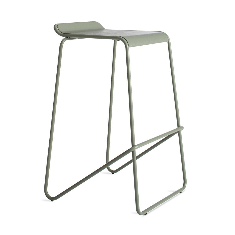 Light green minimalist bar stool with a sleek metal frame and smooth, modern design.