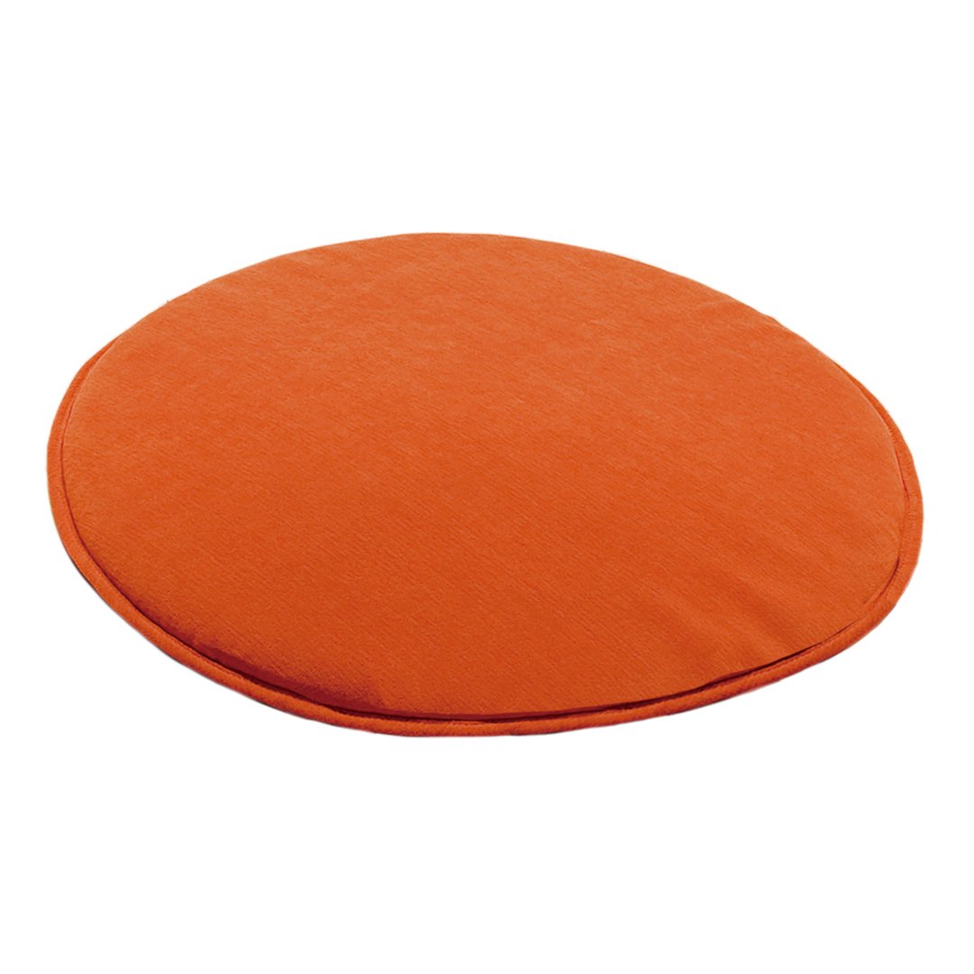 Round orange cushion with a smooth texture, perfect for adding a pop of color to any seating area.