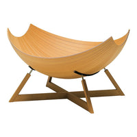 Natural wood chair with smooth, curved lines and a light honey hue, featuring minimalist design and geometric legs.