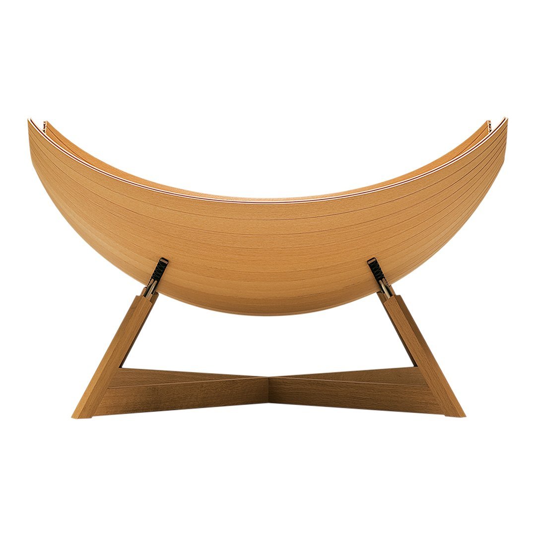 Wooden bowl in a smooth, curved design with a natural light brown finish and angular black stand.