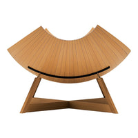 Natural wood finish with curved, slatted design; minimalist style enhances any modern decor.