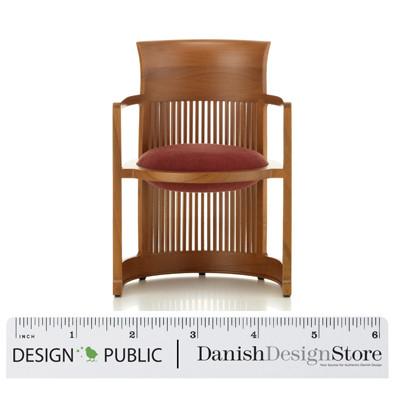 Wooden chair with a warm brown finish and a textured burgundy seat cushion. Elegant vertical slat pattern.