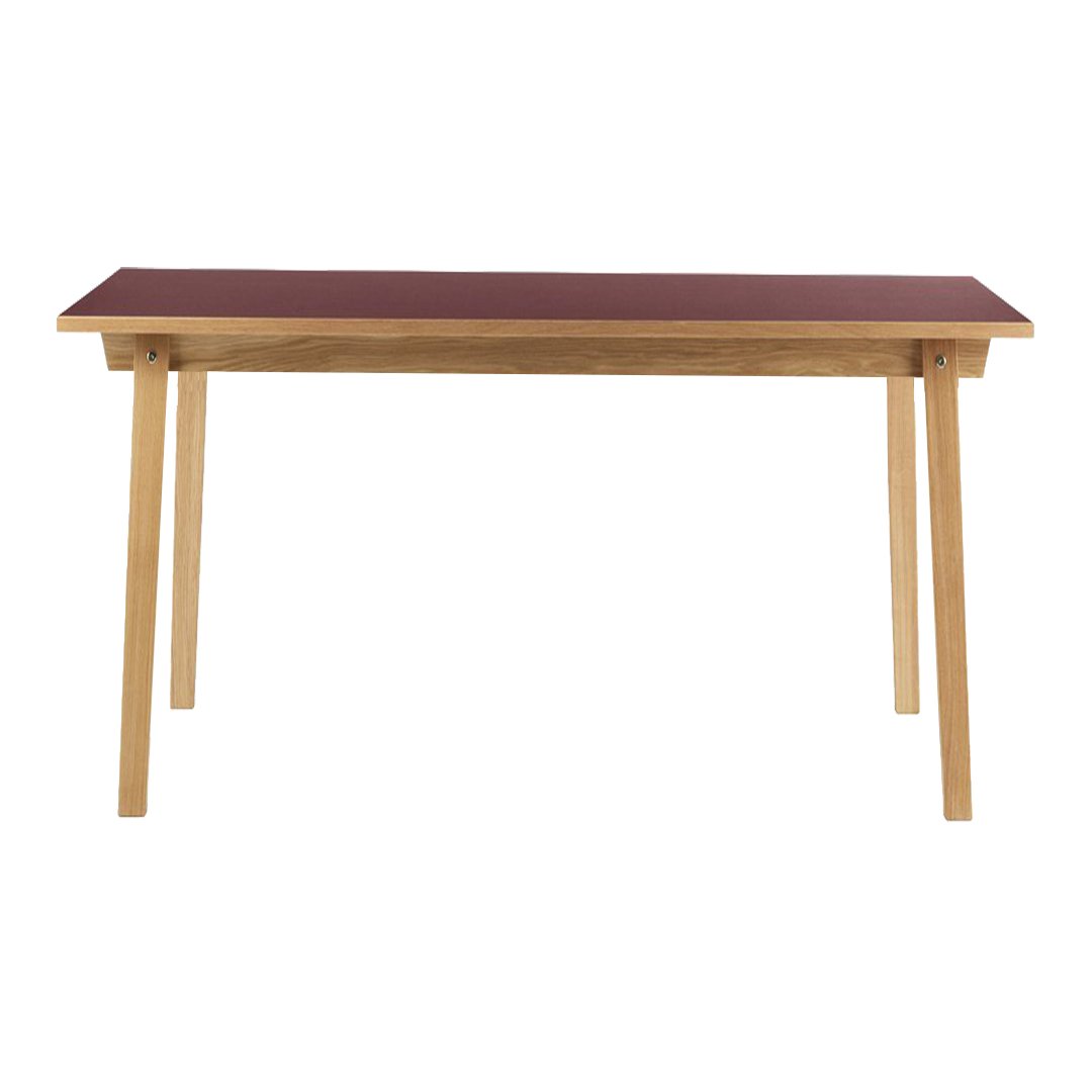 Rectangular table with a rich burgundy top and natural wood legs, showcasing a sleek and minimalist design.