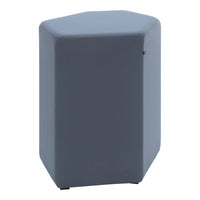 Hexagonal stool in a soft, muted blue fabric with a smooth, solid pattern. Ideal for modern decor.
