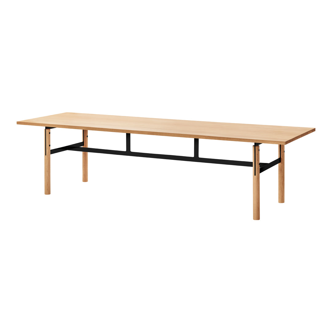 Light wood tabletop with a smooth finish and black metal legs, featuring a minimalist design. Perfect for modern spaces.