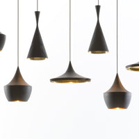 "Stylish black pendant lights with gold accents in modern geometric shapes."