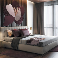 Elegant bedroom featuring deep burgundy, soft gray, and subtle floral patterns for a modern aesthetic.