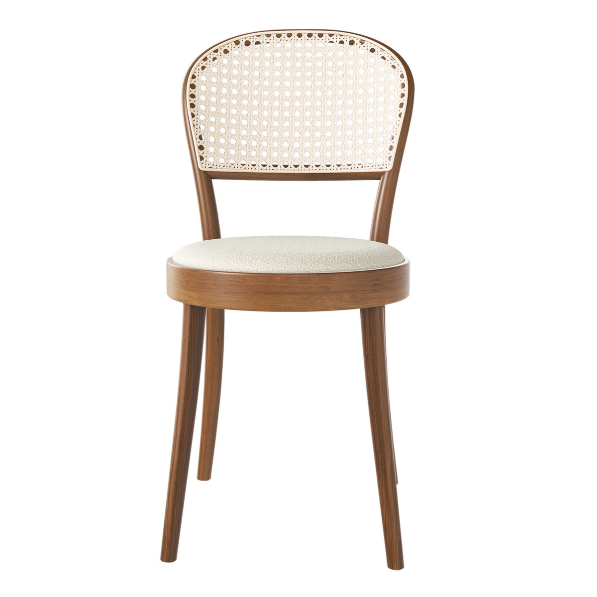 Wooden chair with light beige seat and woven rattan back in a natural finish. Classic and elegant design.