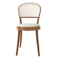 Wooden chair with light beige seat and woven rattan back in a natural finish. Classic and elegant design.