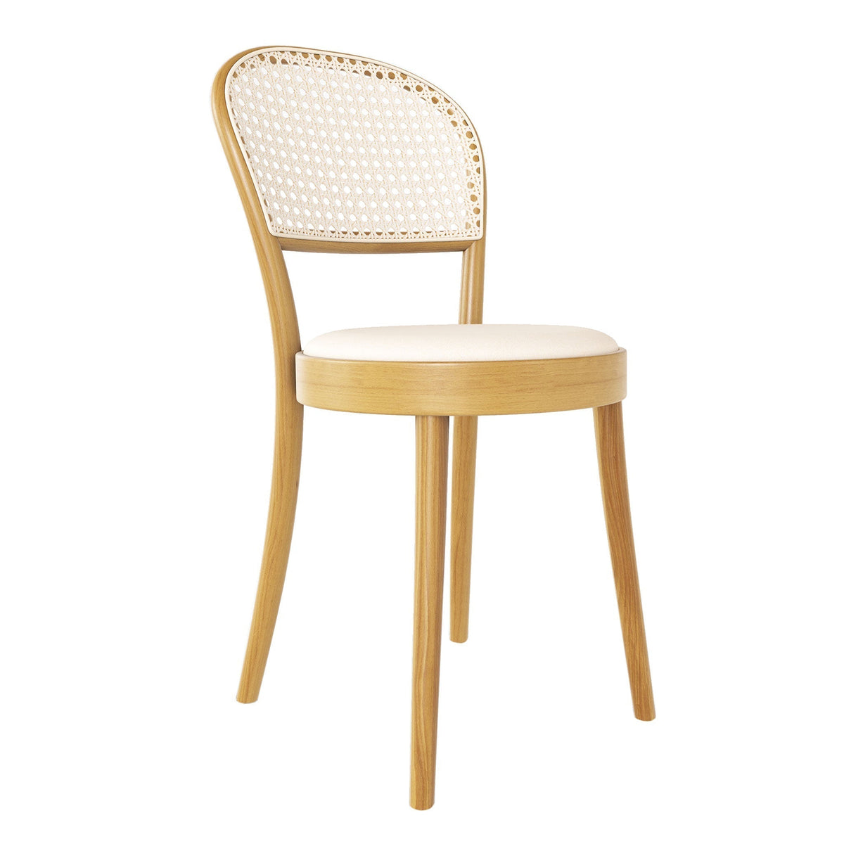 Natural wood chair with a woven rattan backrest and a soft beige seat, showcasing a minimalist design.