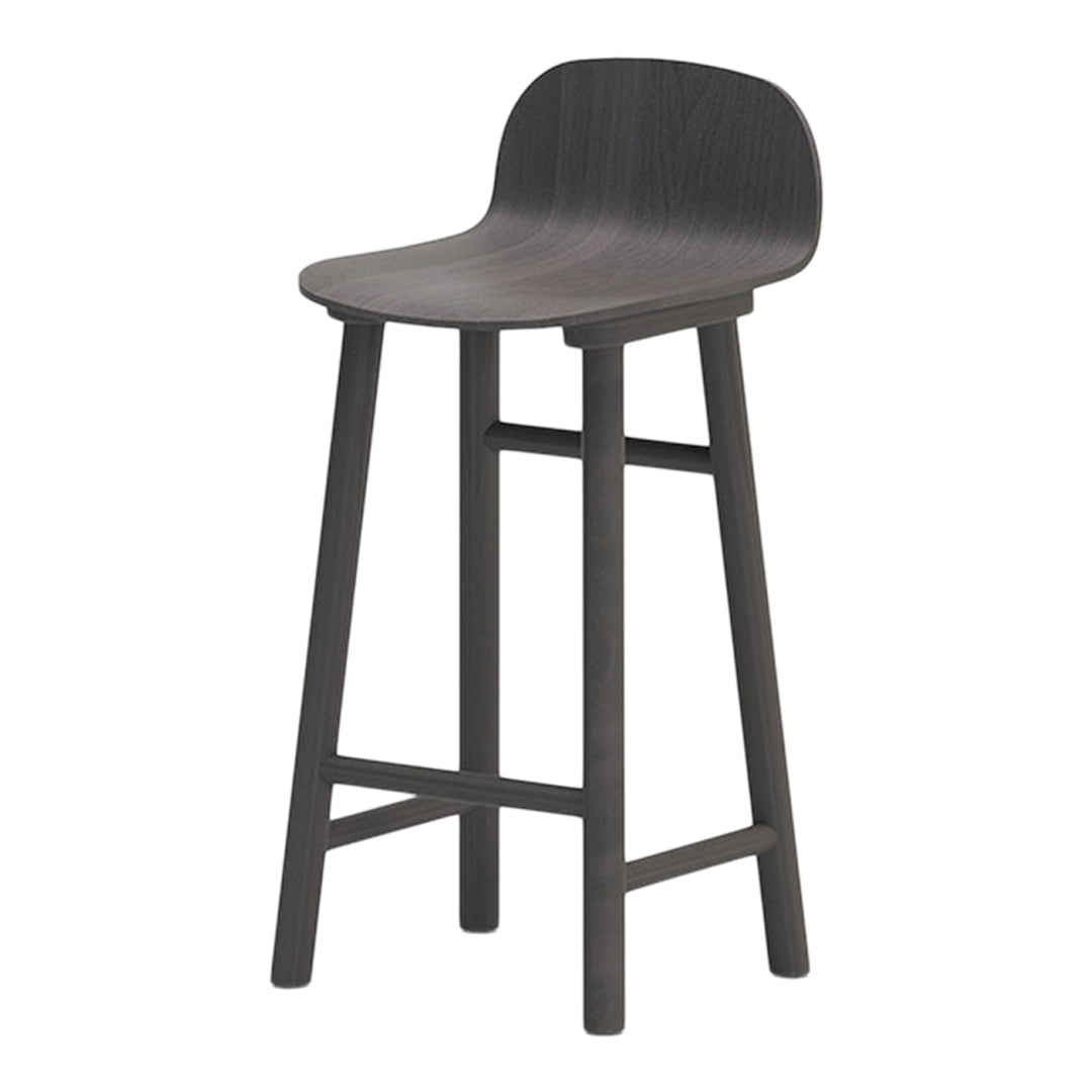 Dark gray wooden bar stool with a minimalist design and smooth finish, featuring subtle wood grain patterns.