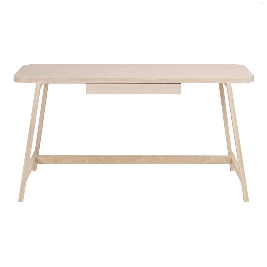 Light natural wood desk with a smooth finish and minimalistic design, featuring clean lines and a subtle drawer.
