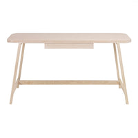 Light natural wood desk with a smooth finish and minimalistic design, featuring clean lines and a subtle drawer.