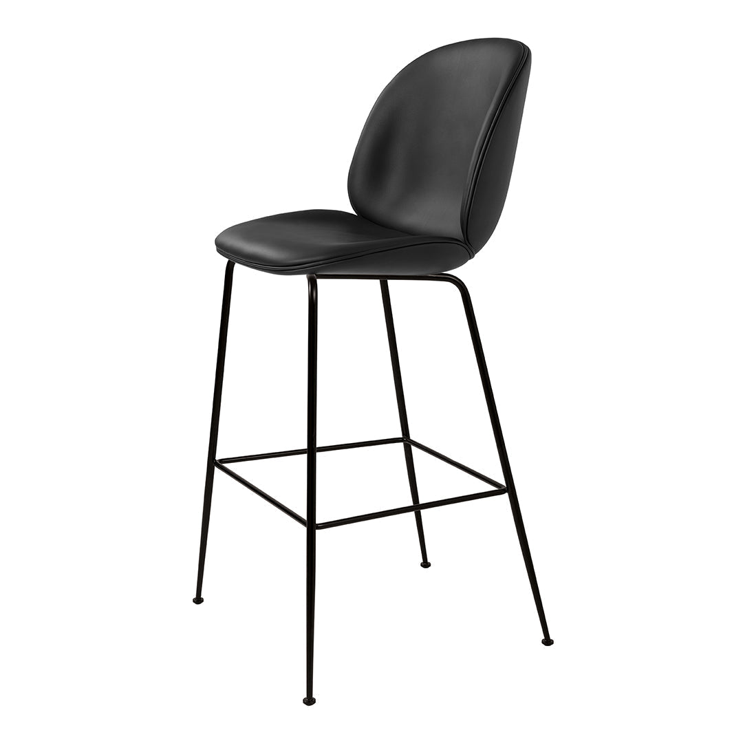 Black upholstered bar stool with smooth curves and a minimalist black metal frame. Ideal for modern decor.