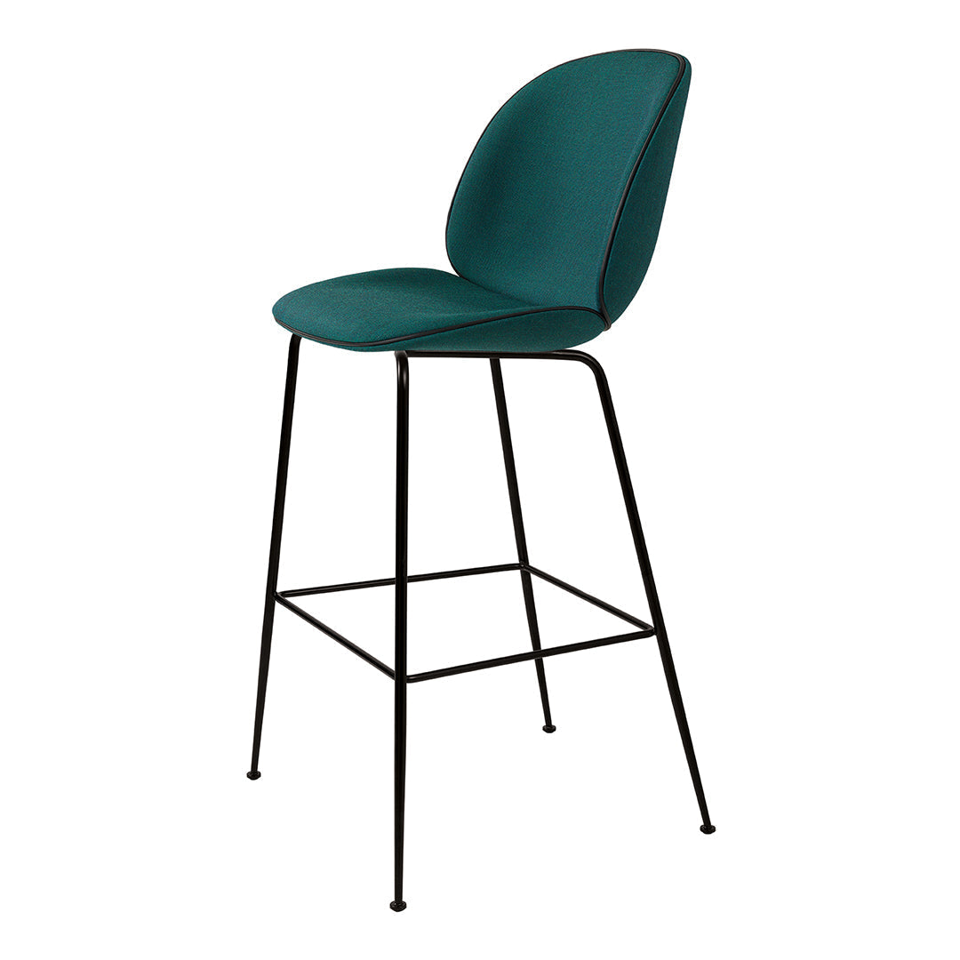 Teal upholstered bar stool with a sleek black metal frame, featuring a minimalist design and curved lines.