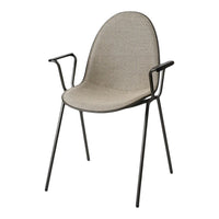 Beige upholstered chair with sleek black metal legs and minimalist design, perfect for modern decor.