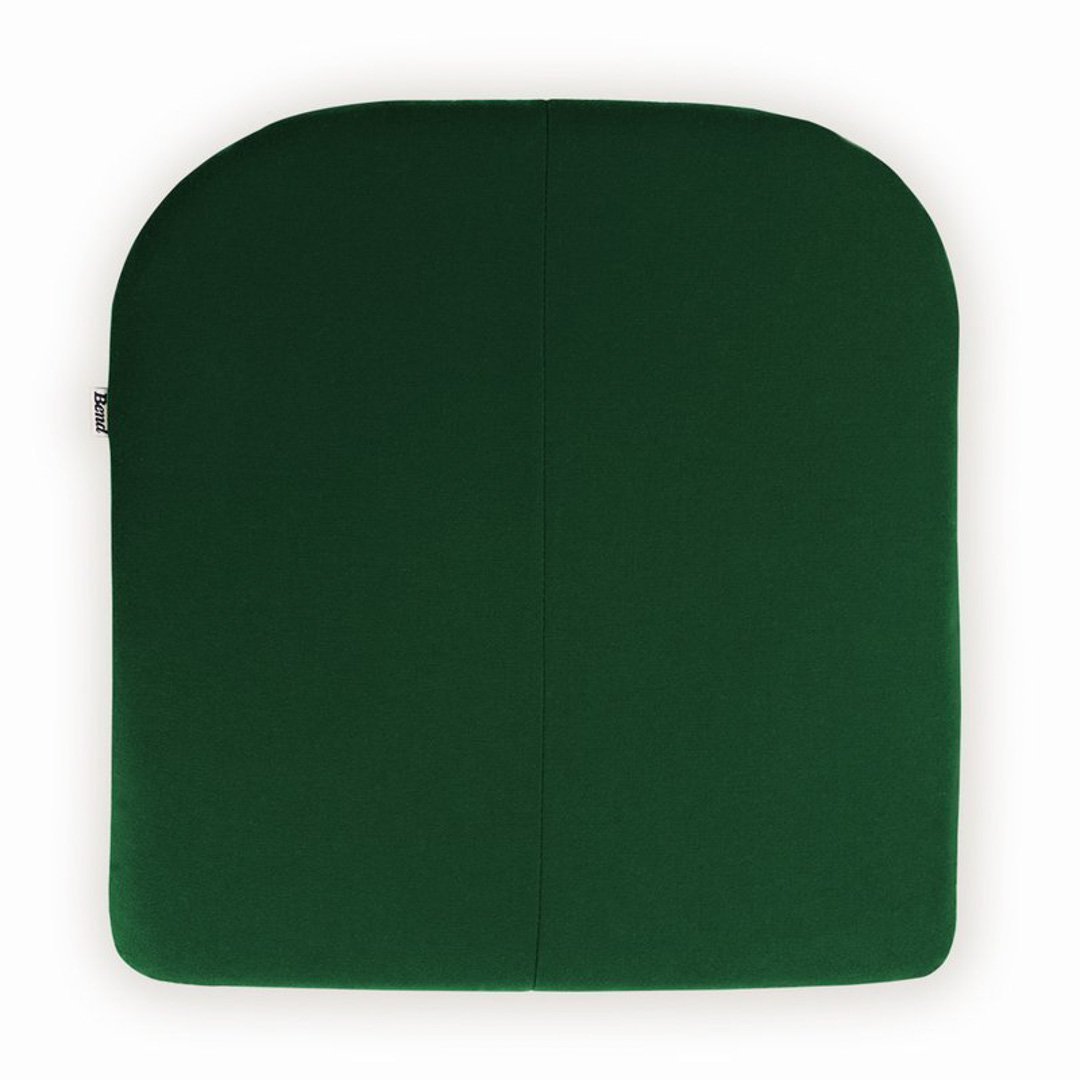 Dark green square cushion with a smooth texture and rounded edges. Perfect for adding comfort to any seating area.