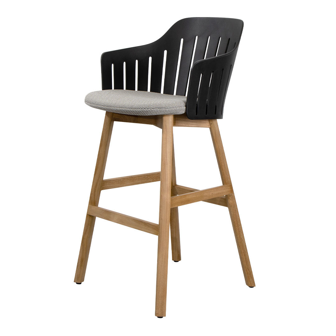 Black and wooden high stool with a light grey cushion, featuring a slatted back design.