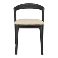 Black wooden chair with a textured beige seat cushion. Minimalist design with curved backrest.