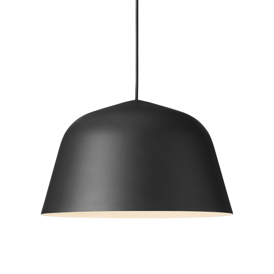 Black metal pendant lamp with a sleek dome shape and a warm interior finish. Ideal for modern decor.