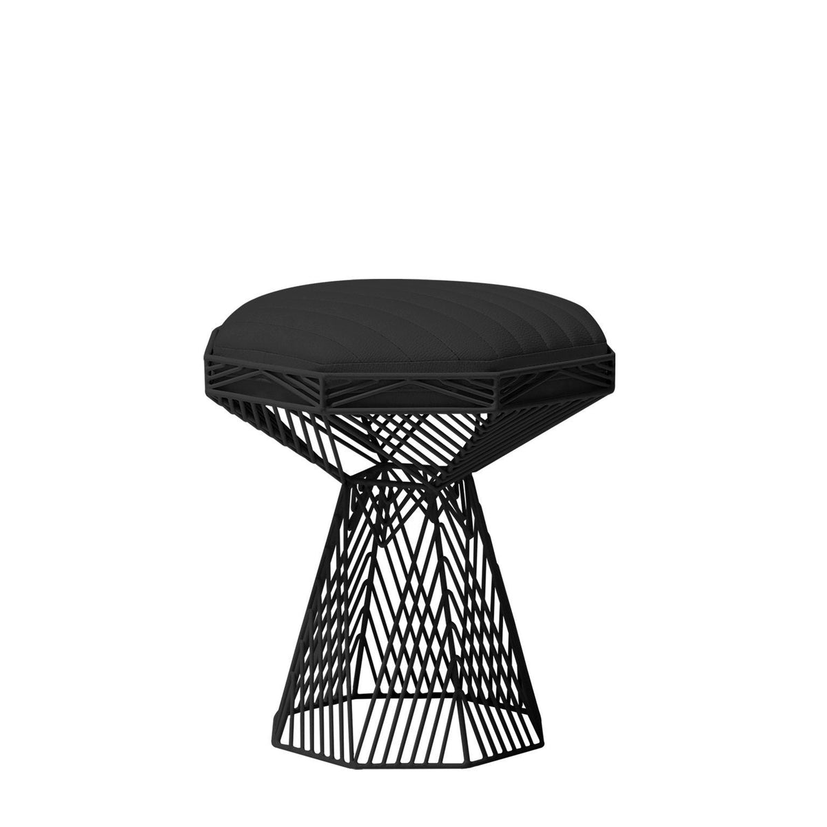 Modern black stool with geometric wireframe design and plush round cushion. Minimalist style for any decor.