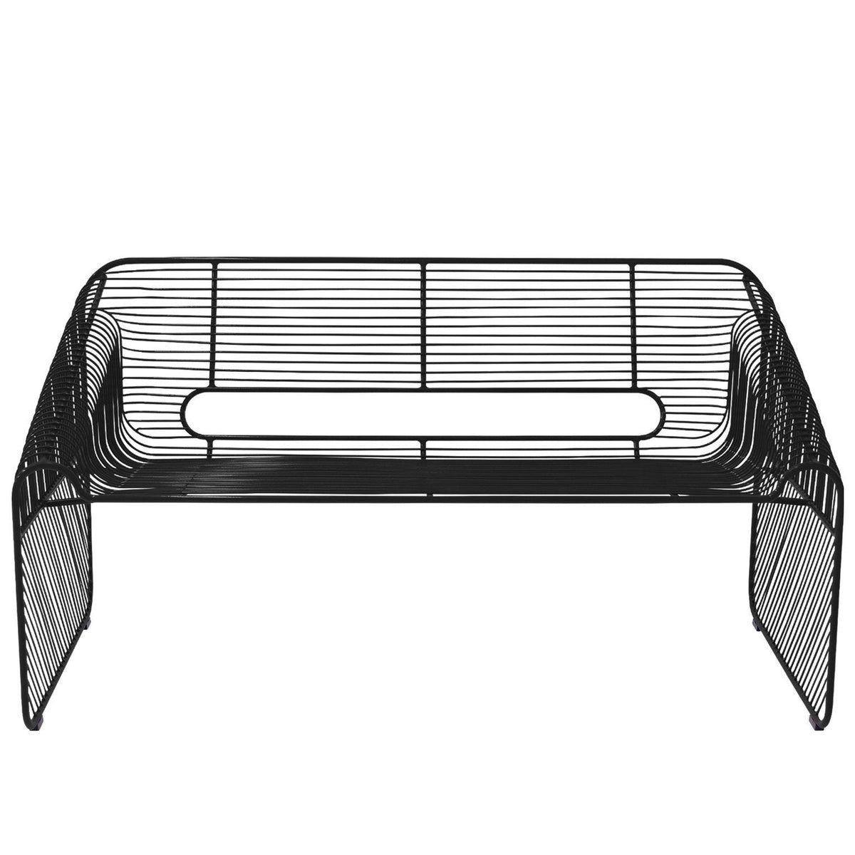Black wire shelf with a sleek, minimal design and horizontal patterns, perfect for modern decor.