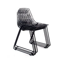 Black wireframe chair with a sleek, modern design, featuring an open pattern and minimalist silhouette.